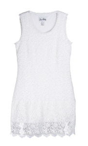 JOSEPH RIBKOFF sleeveless, nubby-textured white sheath with lace bottom and accents, $230. Available at Infinity Boutique, 427 Paradise Road.